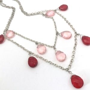 Light Pink Cheery Red Gems Silver Chain 2 Strand Necklace & Earrings